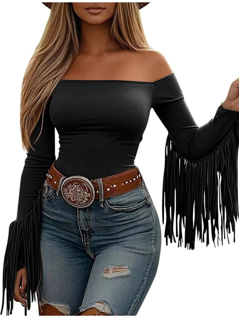 Women's Black Stretchy Crop Off Shoulder Concert Cowgirl Fringe Tassel Blouses
